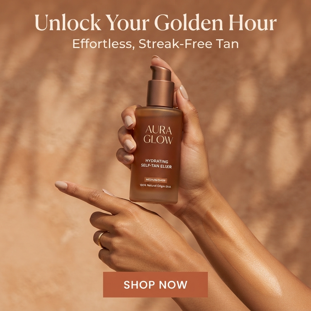 Tanned hands holding an Aura Glow hydrating self-tan elixir bottle against a warm terracotta wall with leaf shadows