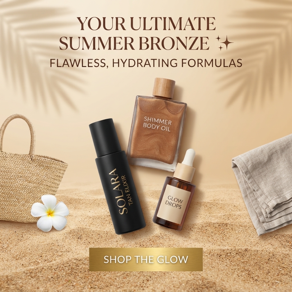 Solara tan elixir, shimmer body oil and glow drops lying on beach sand with a straw bag, frangipani flower and linen