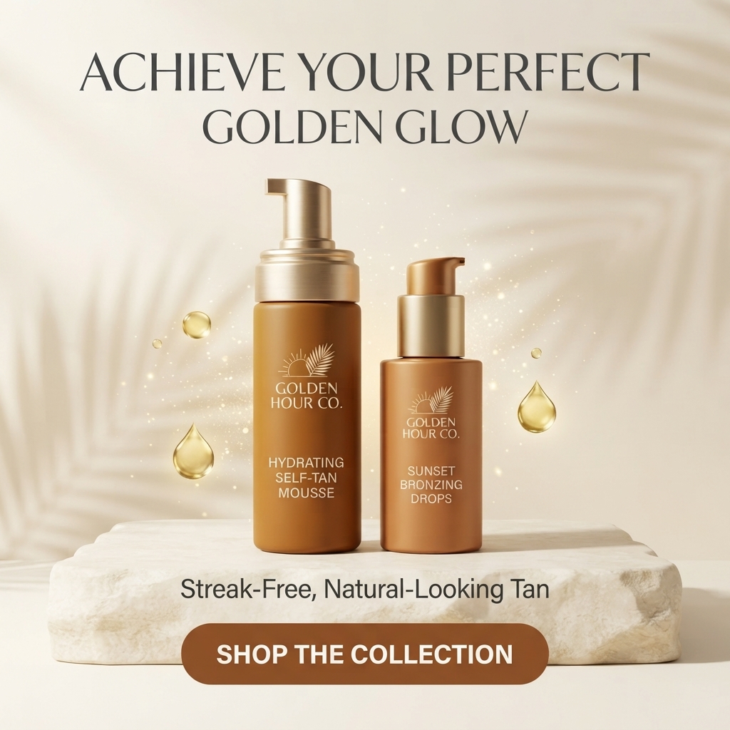 Golden Hour Co. self-tan mousse and bronzing drops on a cream stone plinth with floating golden oil droplets
