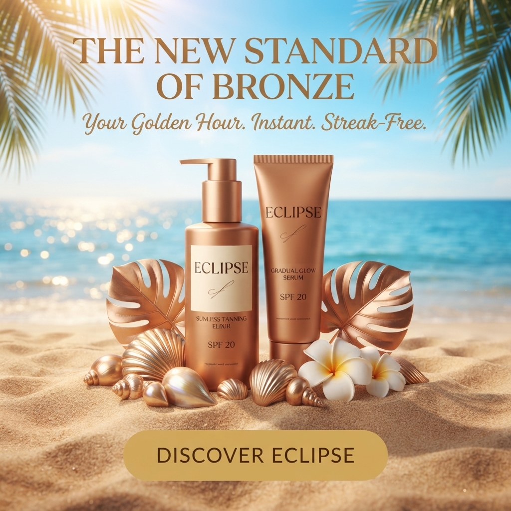 Eclipse rose-gold sunless tanning elixir and gradual glow serum on a beach with gold shells, leaves and frangipani