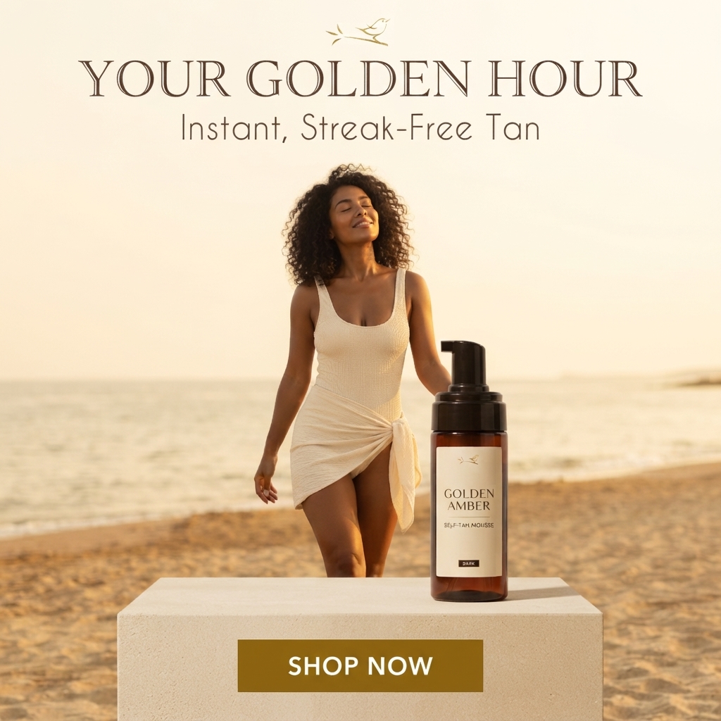 Smiling woman with curly hair walking on a beach at golden hour beside a Golden Amber self-tan mousse on a plinth