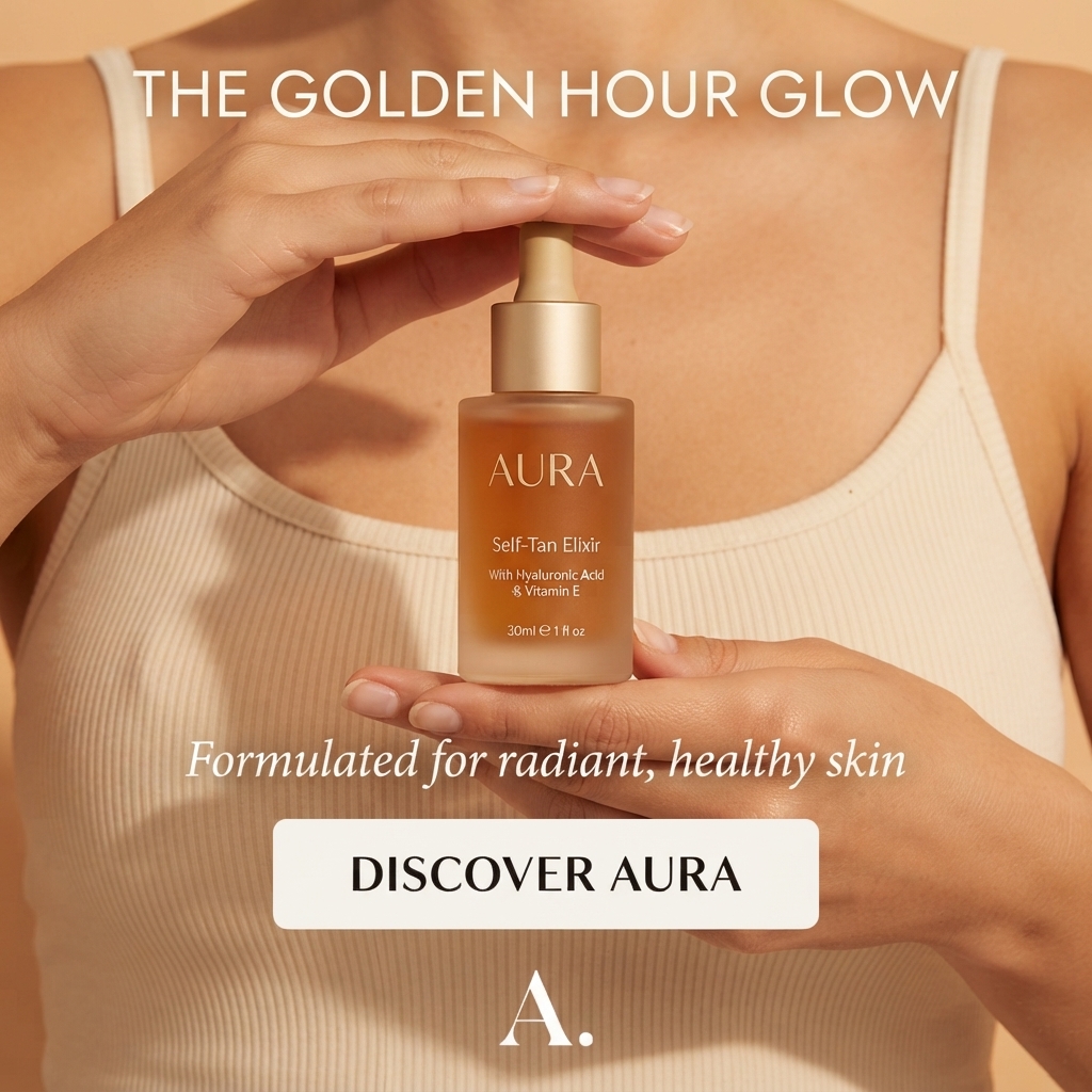 Hands cradling a frosted Aura self-tan elixir dropper bottle in front of a woman wearing a ribbed cream tank top
