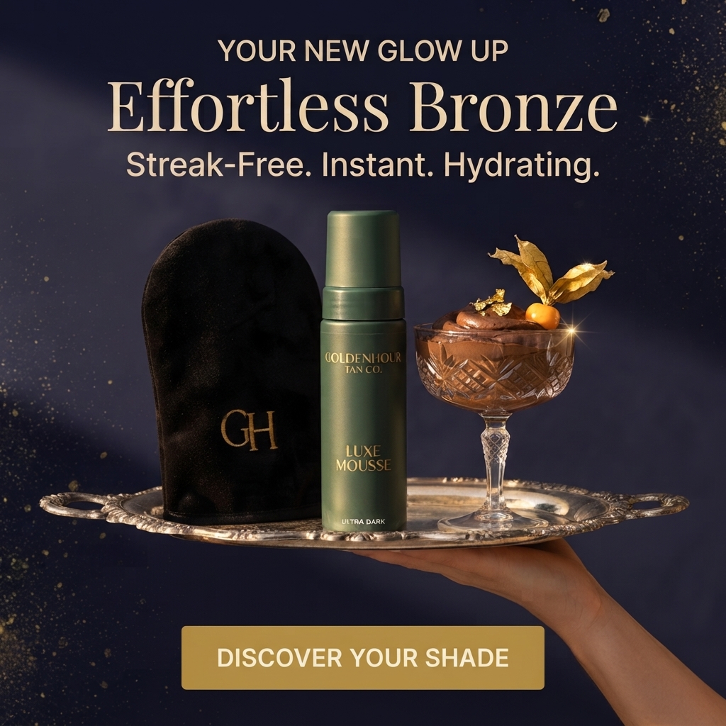 Hand holding a silver tray with a black tanning mitt, green GoldenHour luxe mousse bottle and a chocolate dessert in a coupe