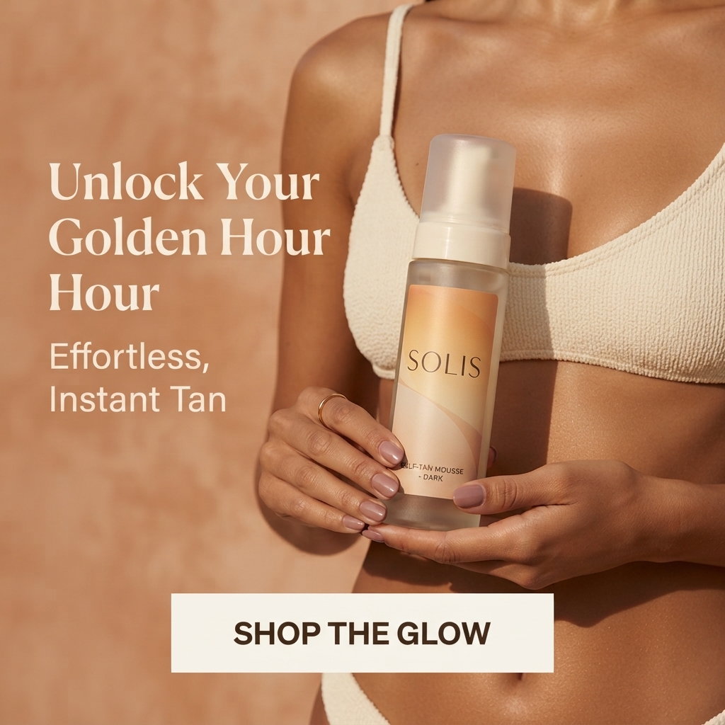 Tanned woman in a cream textured bikini holding a frosted Solis self-tan mousse bottle against a terracotta wall