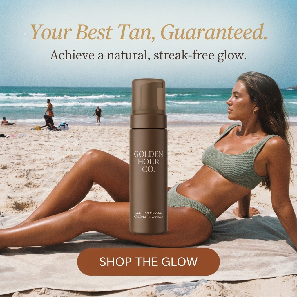 Bronzed woman in a sage green bikini lounging on a beach towel with a Golden Hour Co. self-tan mousse bottle in front