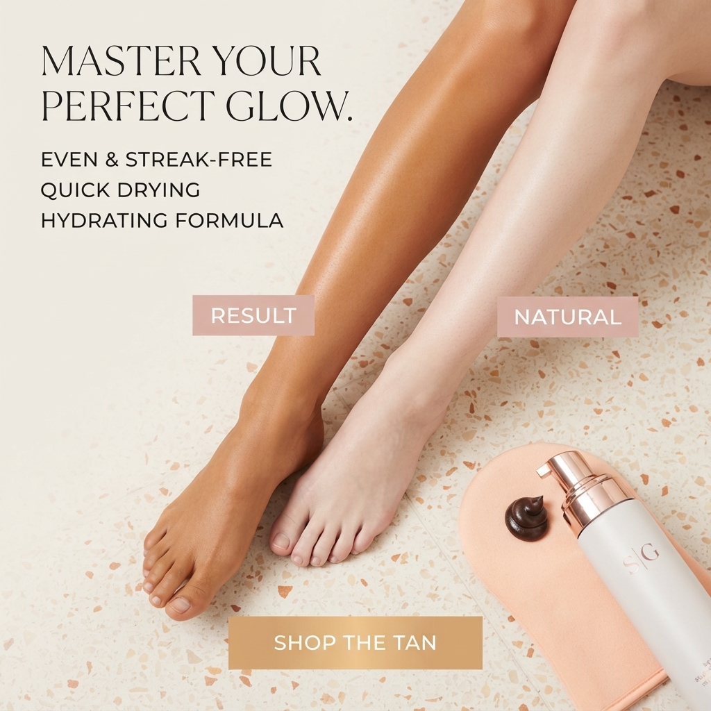 One tanned leg labelled Result next to one pale leg labelled Natural on terrazzo, with a self-tan mousse and peach mitt