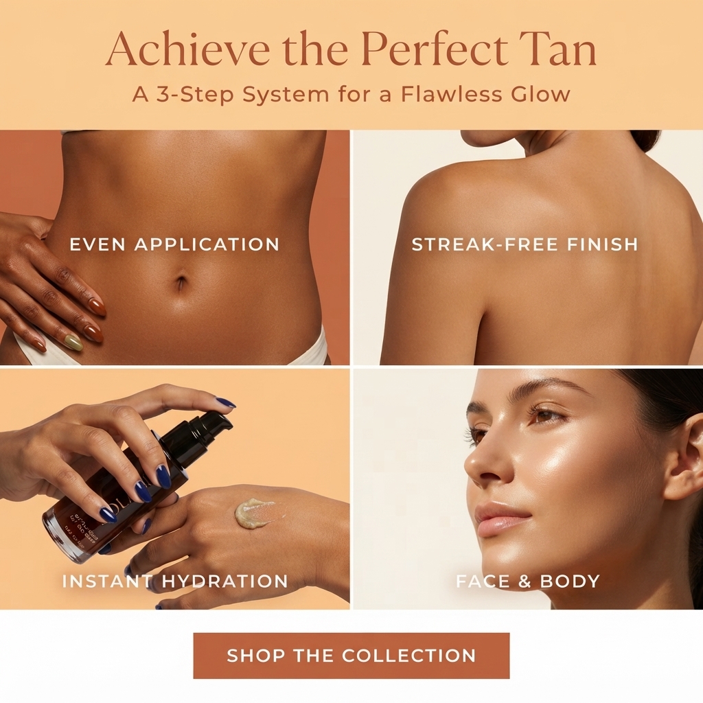 Four-panel grid of tanned stomach, back, hands applying lotion and a glowing face, each labelled with a self-tan benefit