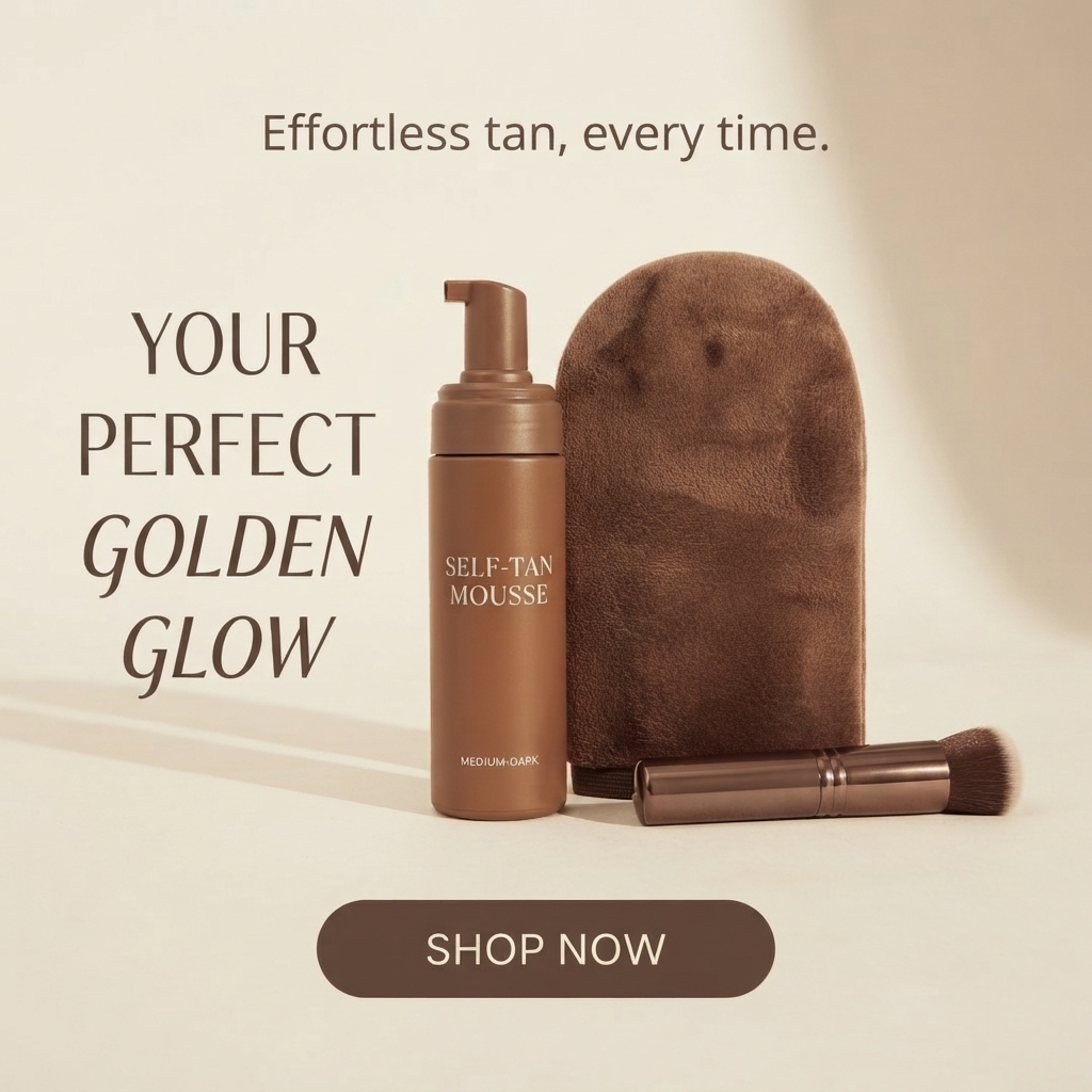 Brown self-tan mousse bottle, chocolate velvet tanning mitt and bronze kabuki brush on a soft cream background