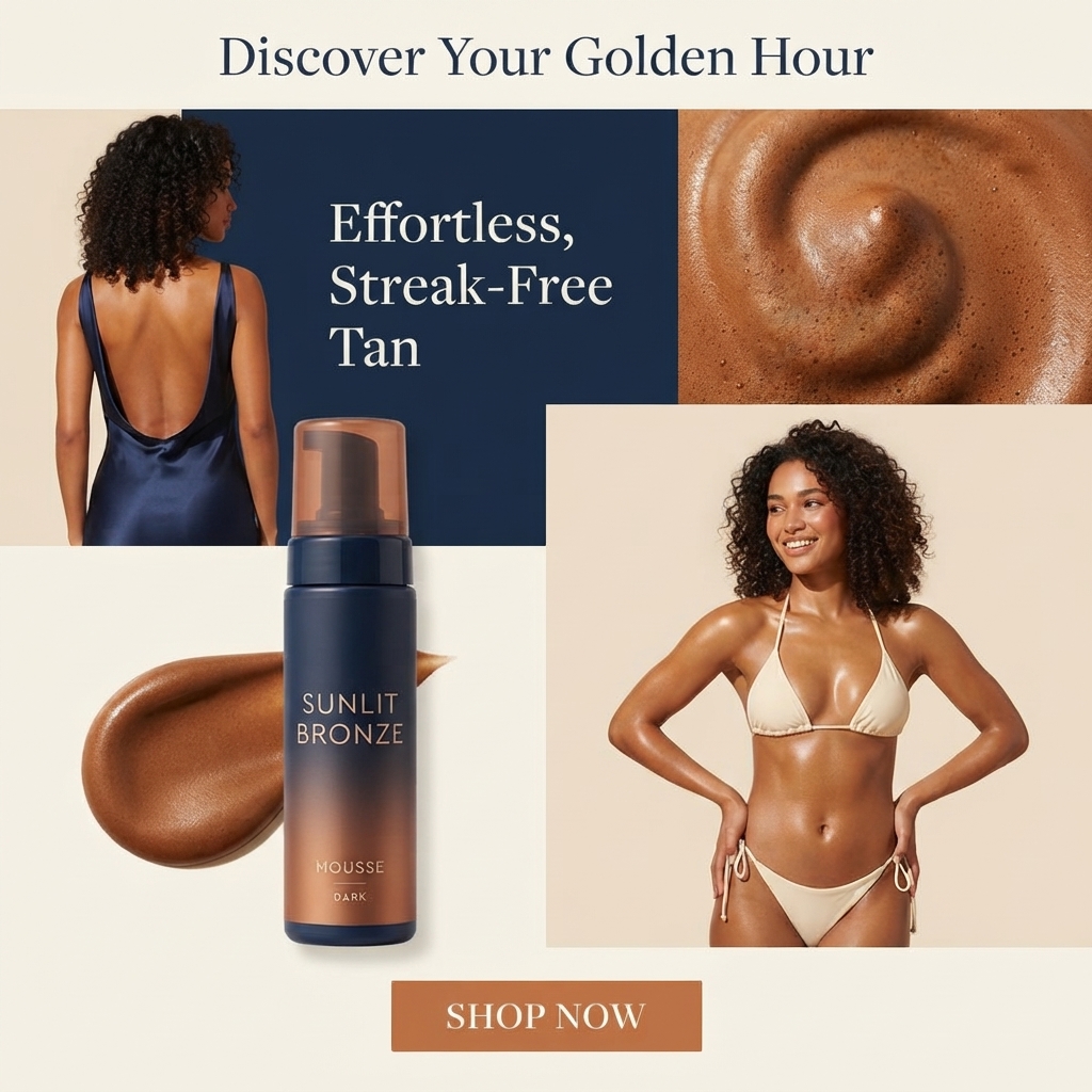 Collage of a woman in a backless navy dress, a woman in a cream bikini, bronze mousse texture and a Sunlit Bronze bottle