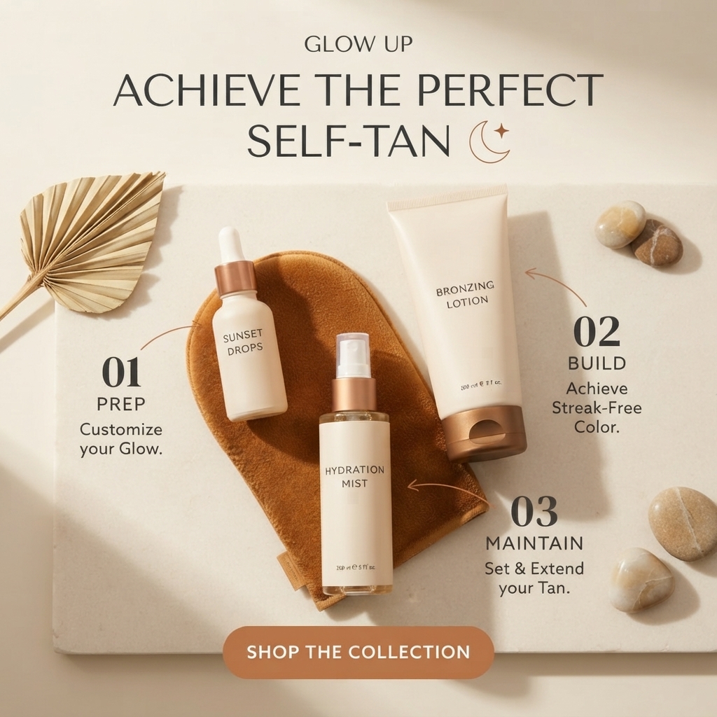 Flat lay of cream self-tan drops, bronzing lotion and hydration mist on a brown mitt with steps prep, build, maintain