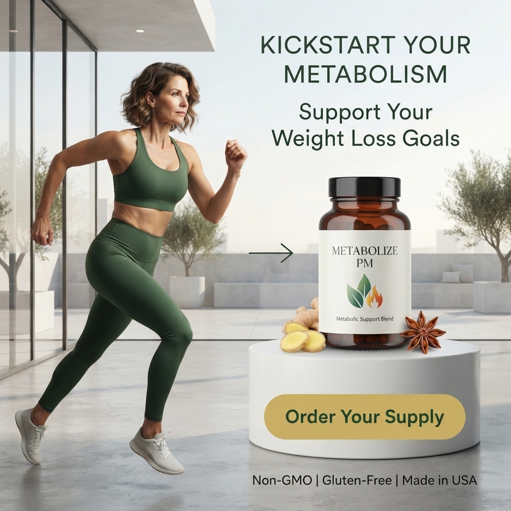 Fit woman in green sports bra and leggings running toward an amber Metabolize PM supplement bottle on a white plinth