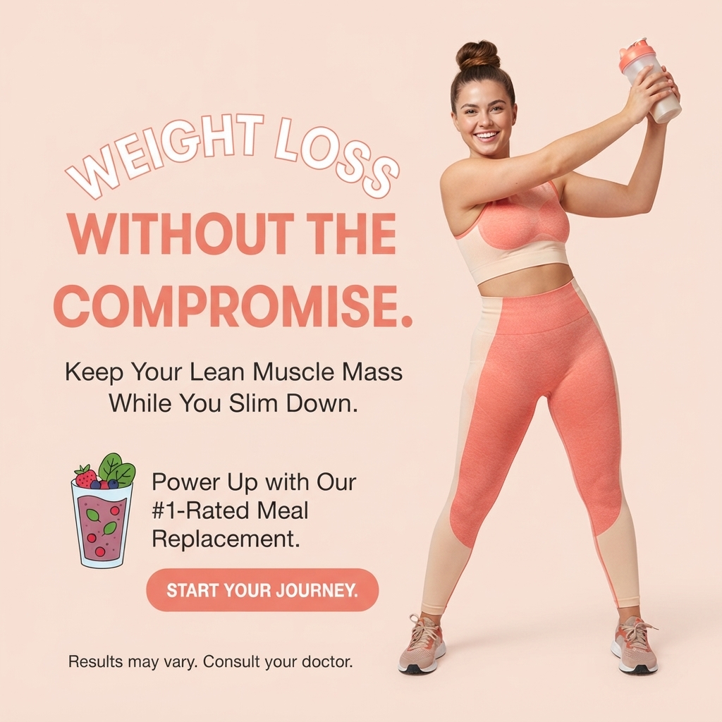 Smiling woman in coral sports bra and leggings shaking a protein shaker bottle on a peach background