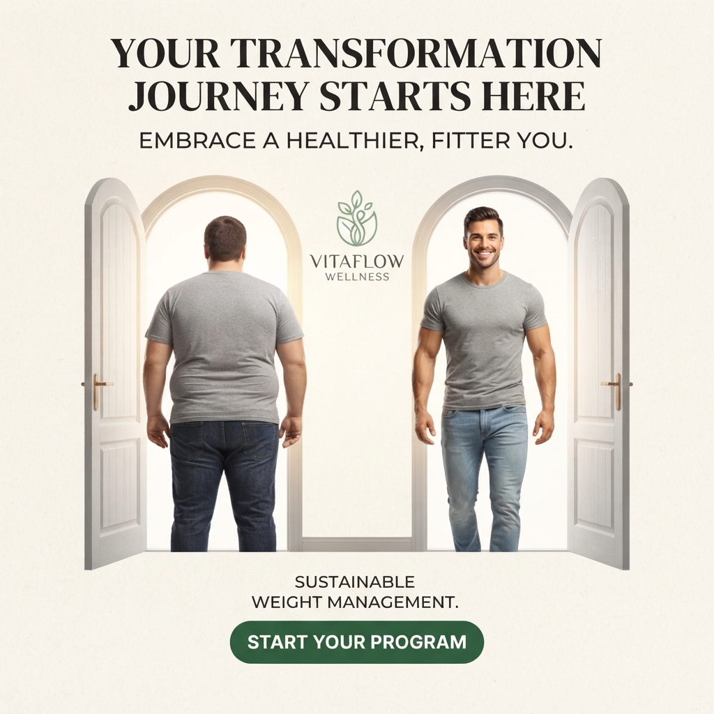 Heavier man walking into an arched doorway beside a fitter smiling man walking out of a second doorway, both in grey T-shirts