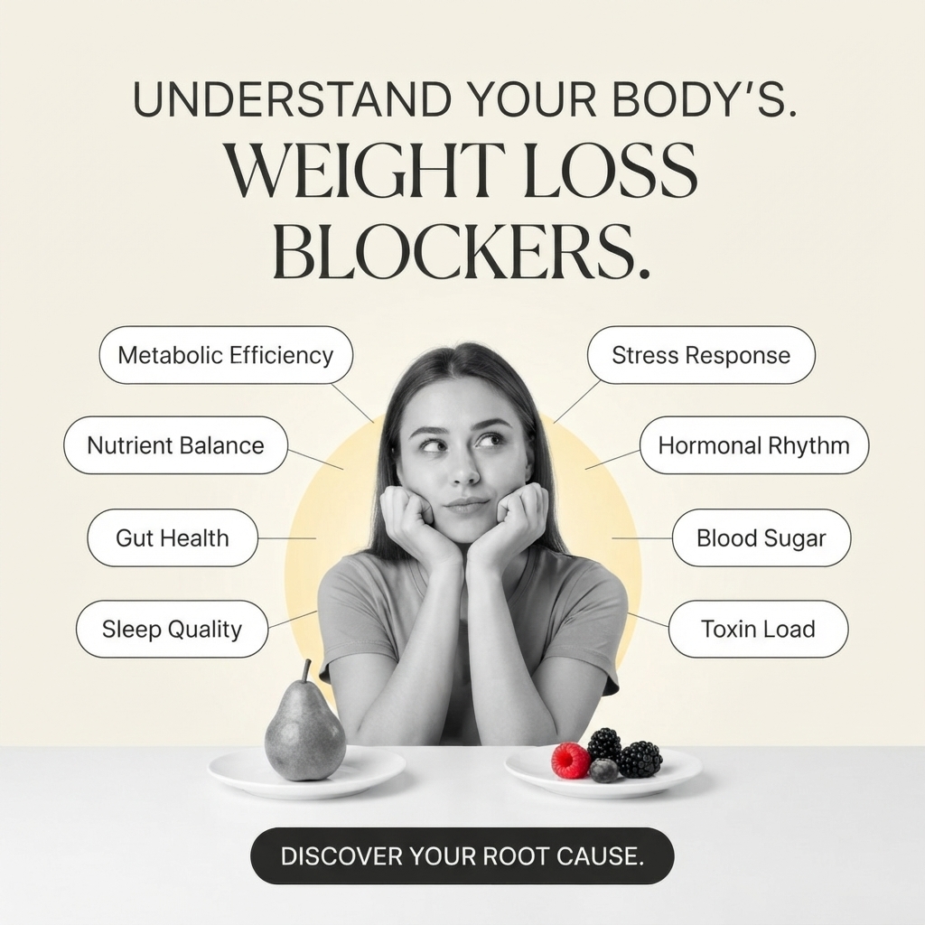 Black and white woman resting her chin on her hands, surrounded by labels like gut health, sleep quality and blood sugar