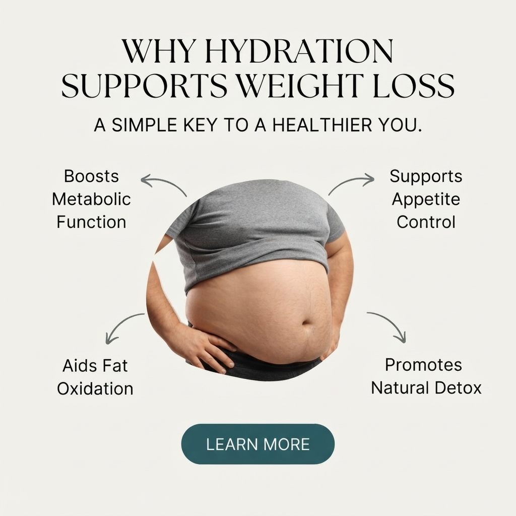 Circular crop of a bare stomach under a lifted grey T-shirt, with arrows pointing to four hydration and weight loss benefits