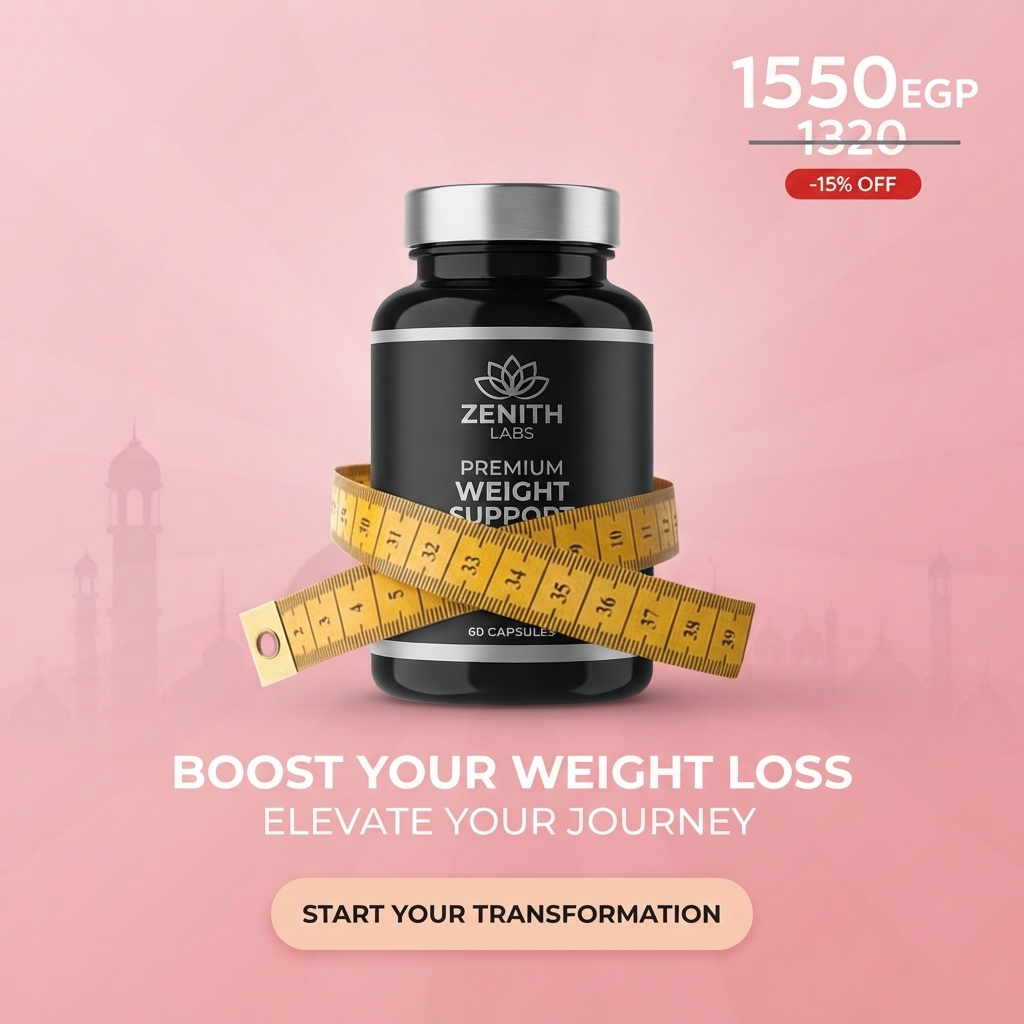 Black Zenith Labs Premium Weight Support capsule jar wrapped in a yellow tape measure on a pink background with a price tag