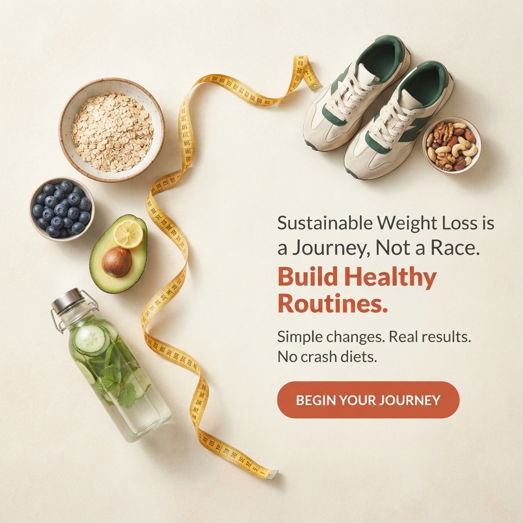 Flat lay of a winding yellow tape measure between oats, blueberries, avocado, cucumber water, nuts and trainers on cream