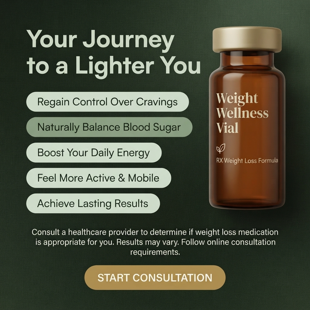 Large amber Weight Wellness Vial labelled RX Weight Loss Formula beside five pale green benefit pills on dark green