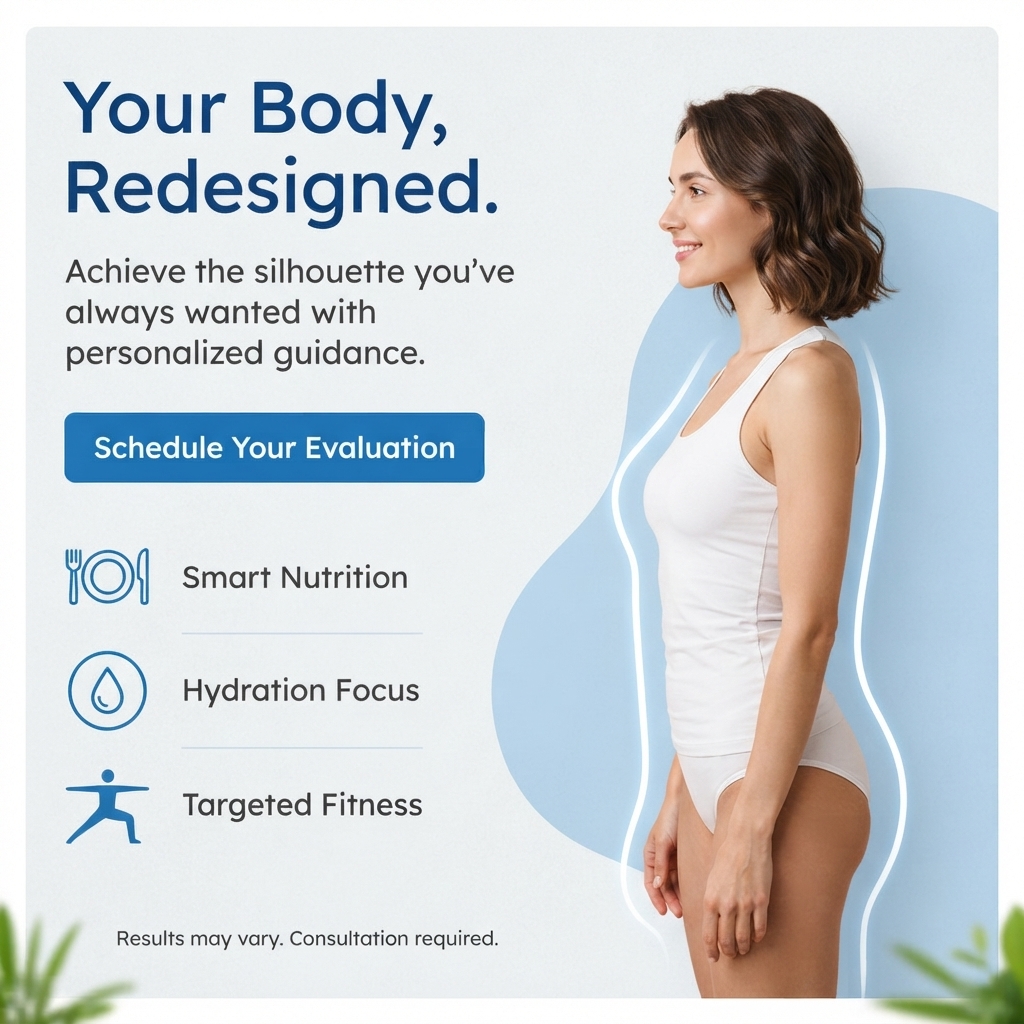 Smiling woman in profile in white tank top with a glowing outline around her body beside icons for nutrition and fitness