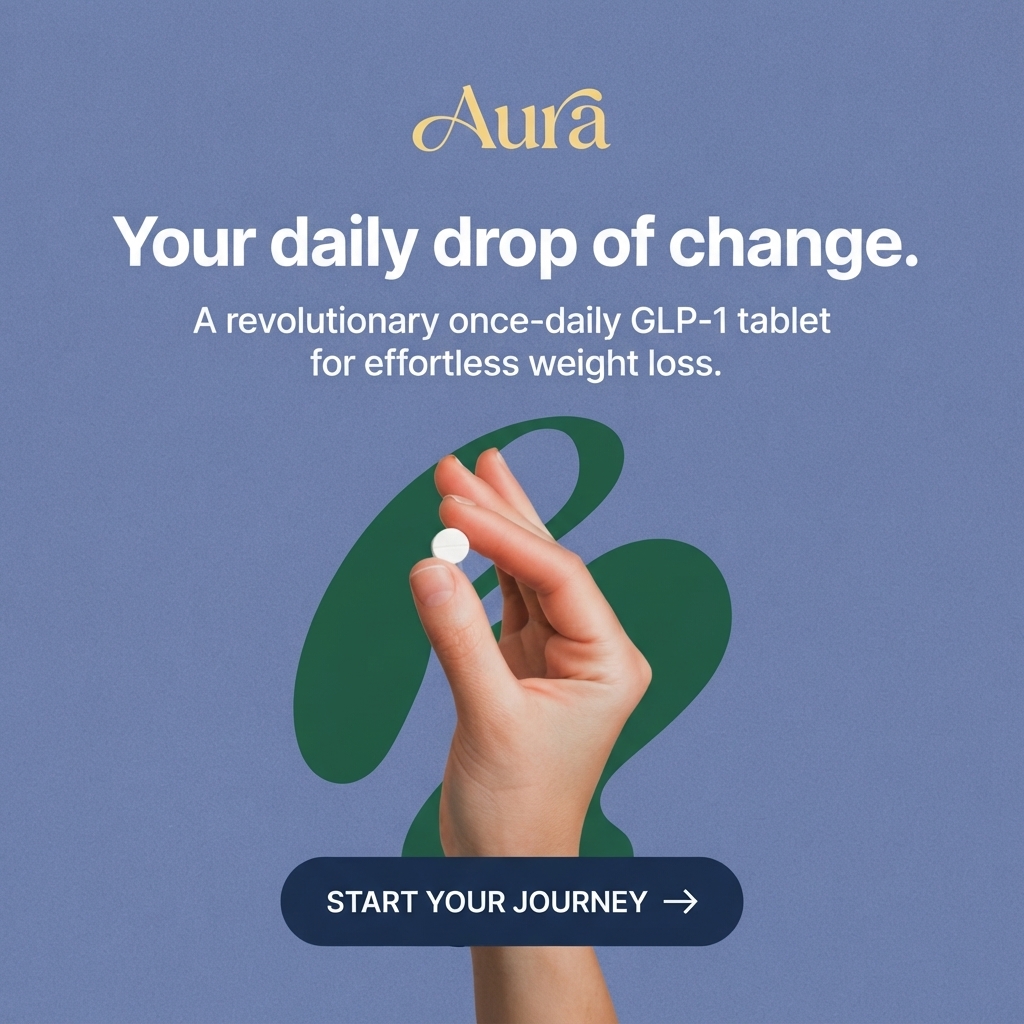 Hand holding a single white tablet between finger and thumb over a green abstract shape on a periwinkle blue background