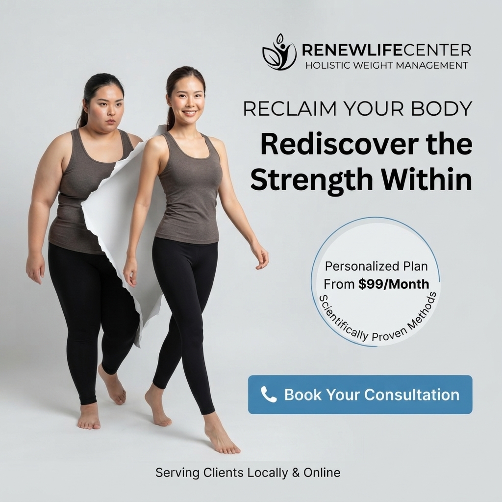 Torn paper effect revealing a slimmer smiling woman stepping out of a heavier version of herself, in grey tops