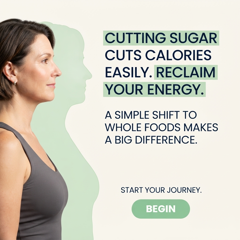 Woman in her forties in profile in a grey tank top, standing in front of a larger mint green silhouette of her body