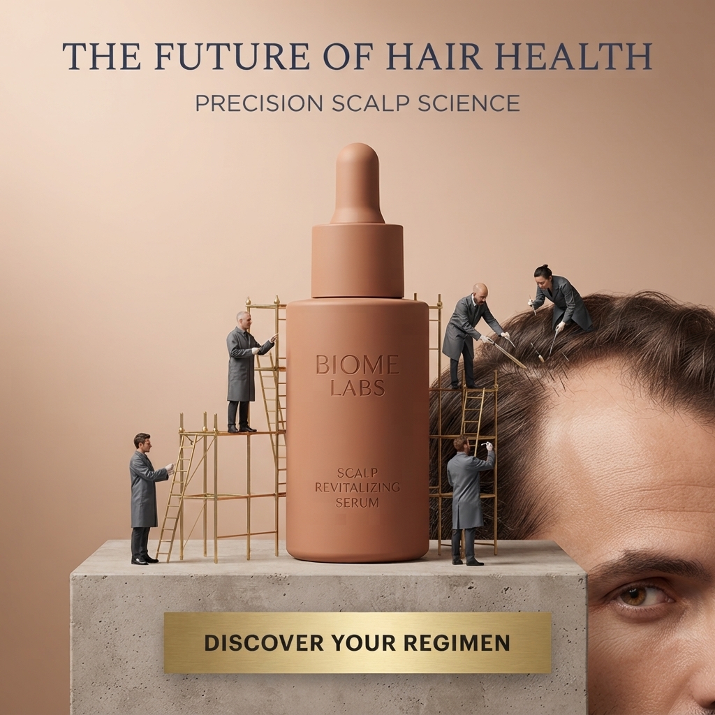 Tiny workers on gold scaffolding tending a giant Biome Labs scalp serum bottle and a man's hairline on a concrete block