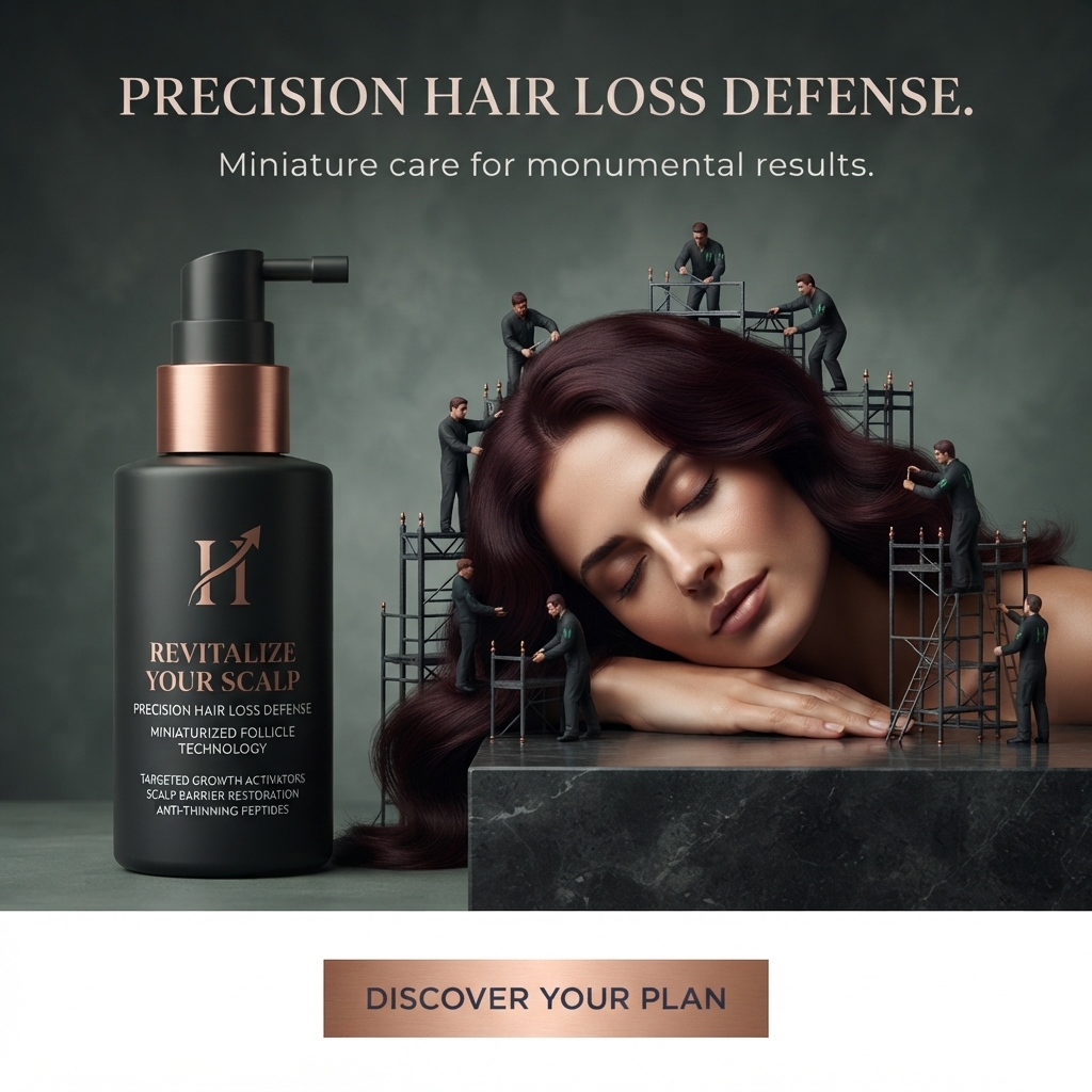 Sleeping woman with burgundy hair on marble while tiny workers tend her hair, beside a black scalp spray bottle