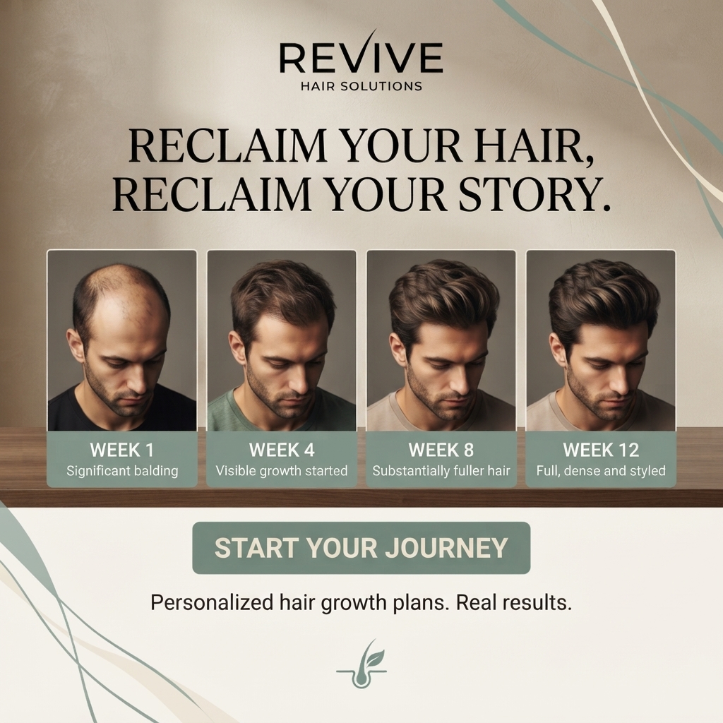 Four photos of the same man from week 1 balding to week 12 with full styled hair, each labelled with progress notes
