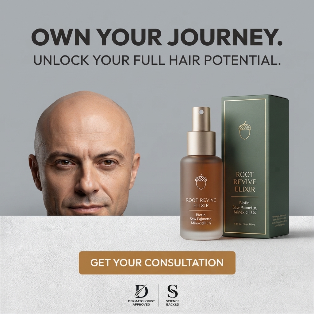 Confident bald middle-aged man peering over a white ledge beside an amber Root Revive Elixir bottle and green box