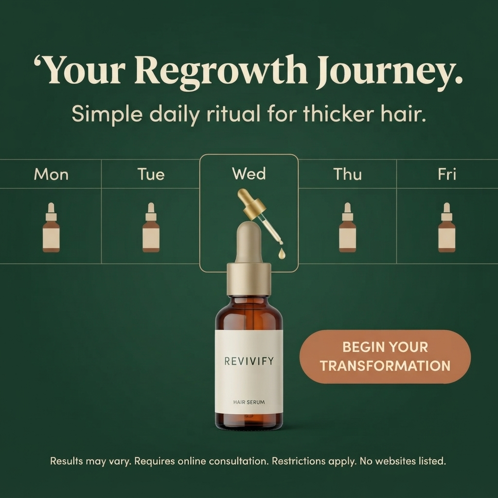 Weekday calendar with small dropper bottle icons and Wednesday highlighted above an amber Revivify hair serum bottle on green
