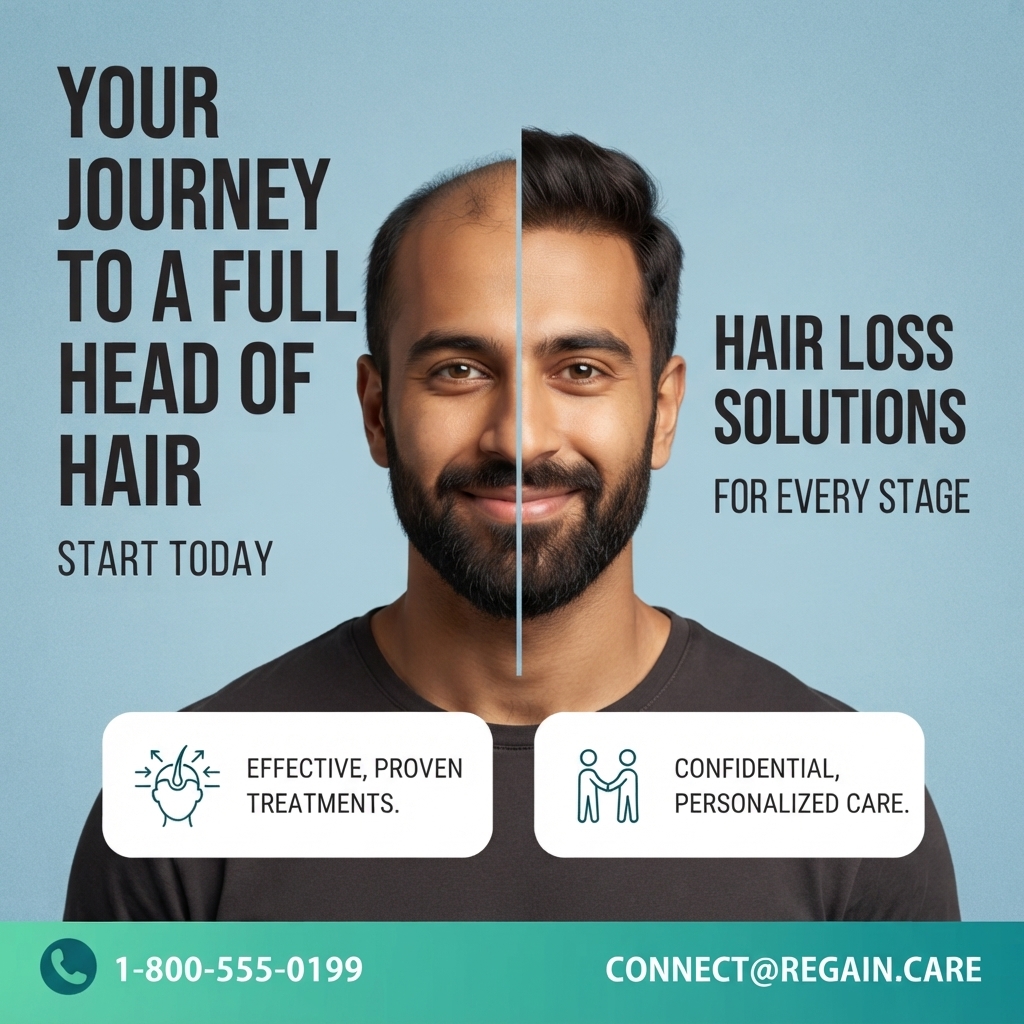 Smiling bearded man split down the middle with a receding thin hairline on the left and thick full hair on the right