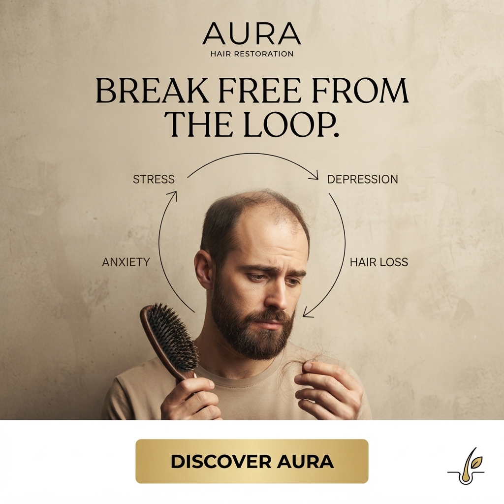Worried man with thinning hair holding a brush and shed hair inside a cycle of stress, depression, hair loss, anxiety