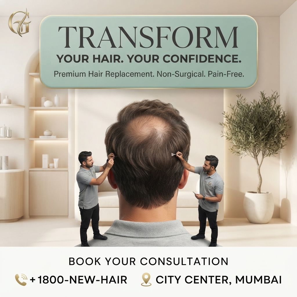 Two tiny stylists fitting hair on a giant man's head with a thinning crown inside a bright luxury salon