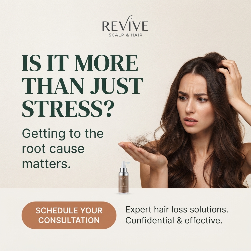 Worried woman with long brown hair holding a clump of shed hair in her palm and touching her scalp