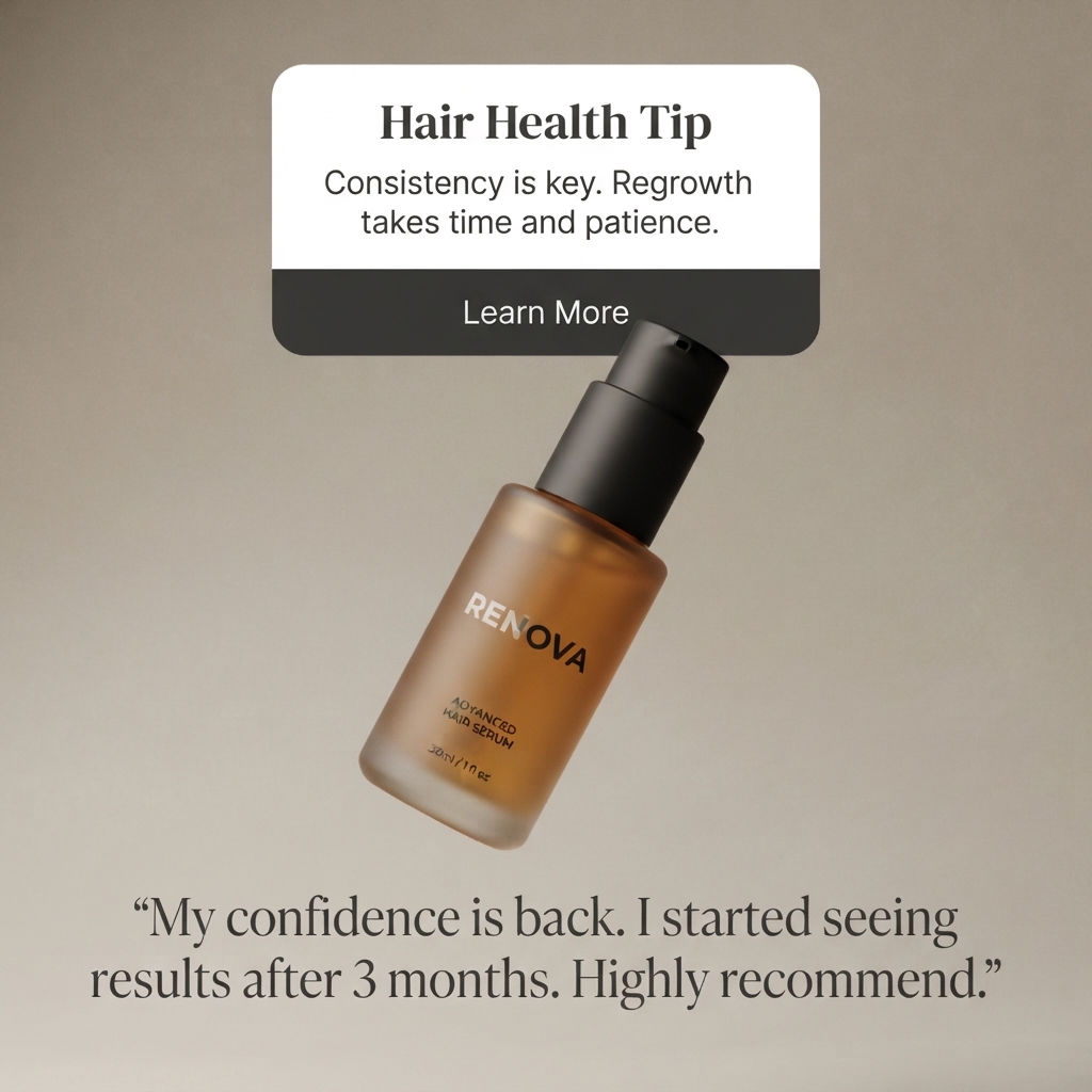 Floating amber Renova Advanced Hair Serum bottle beneath a white hair health tip card on a grey background