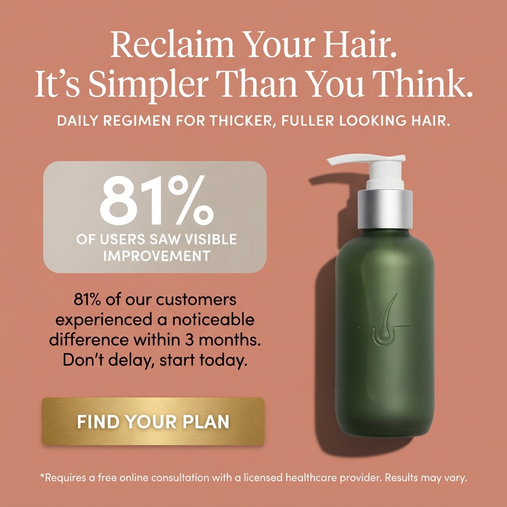 Frosted green pump bottle with a hair follicle logo on terracotta next to a box stating 81% of users saw visible improvement