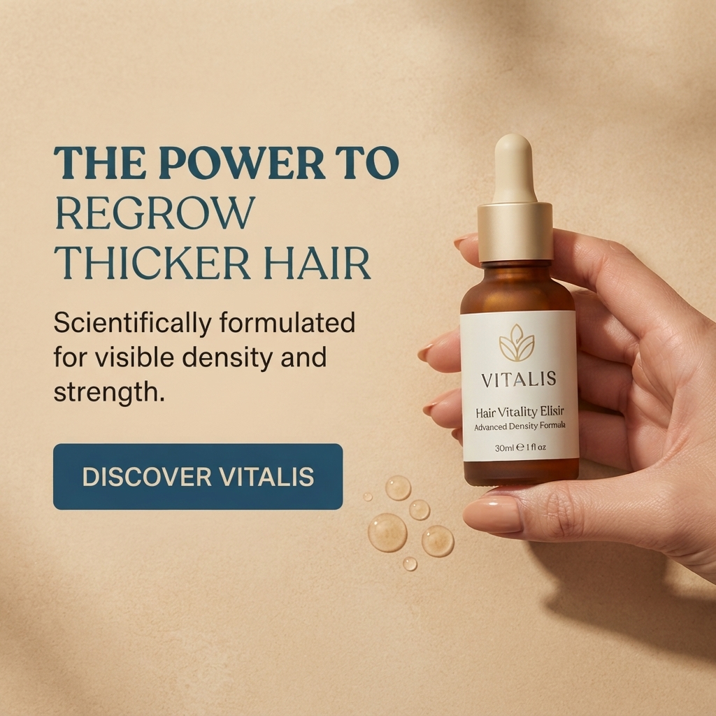 Manicured hand holding an amber Vitalis hair vitality elixir dropper bottle with serum droplets on a warm beige background