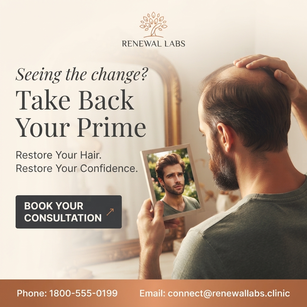 Balding bearded man touching his crown while holding a photo of his younger self with full hair in front of a mirror
