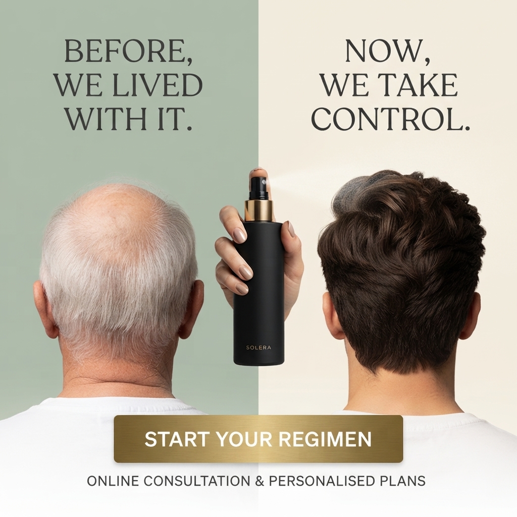 Older man with thinning grey hair on sage beside a younger man with thick dark hair, a hand spraying a black bottle