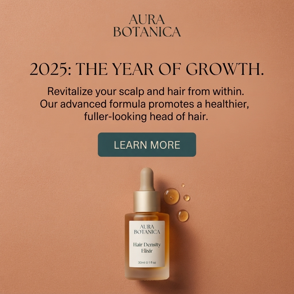 Frosted amber Aura Botanica Hair Density Elixir dropper bottle with golden serum droplets on a terracotta background