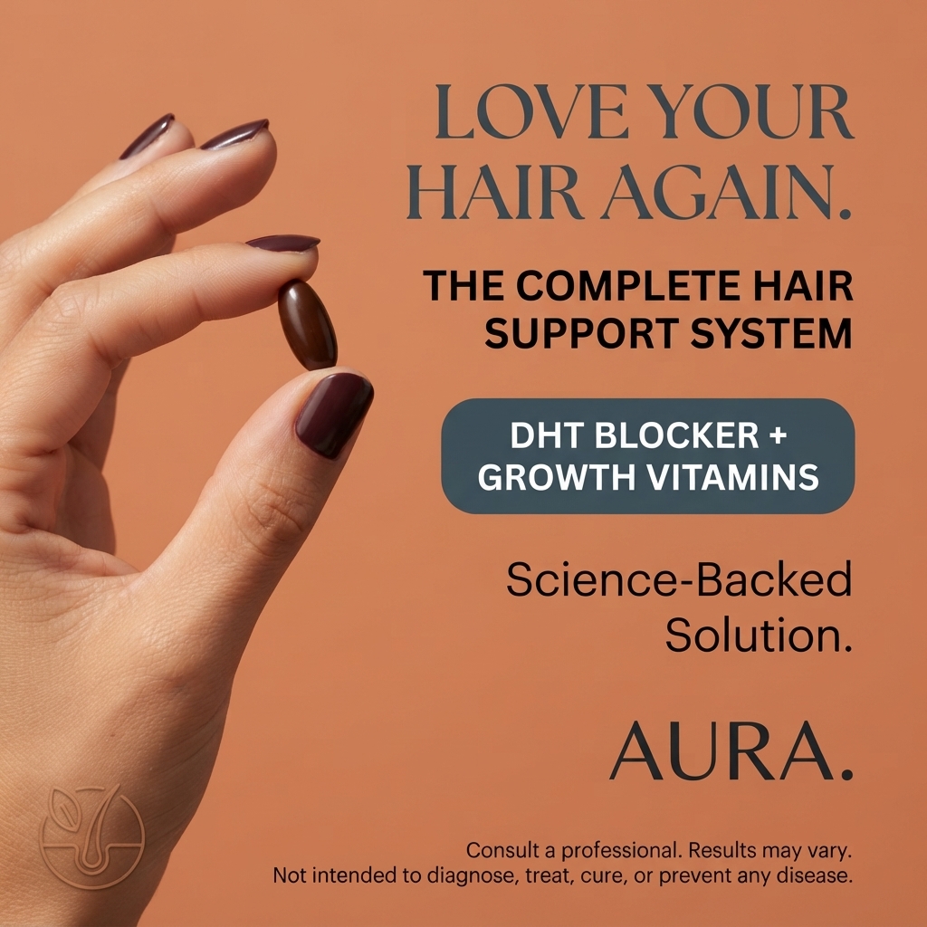 Hand with burgundy nails holding a single brown softgel capsule against a terracotta background next to hair supplement text