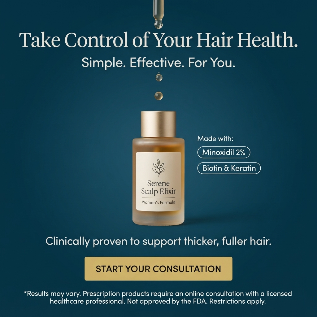 Frosted Serene Scalp Elixir women's formula bottle under a dropper releasing golden drops, beside minoxidil 2% labels on navy