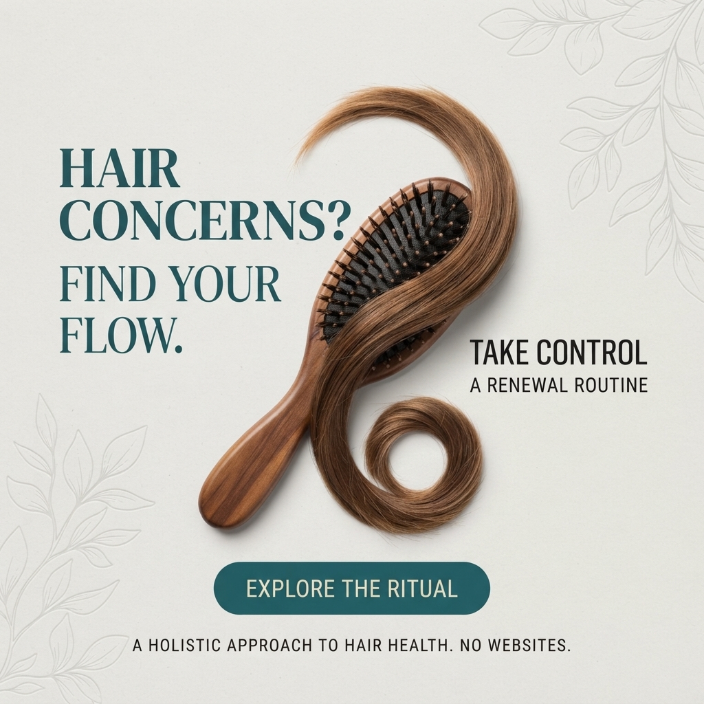 Wooden paddle brush wrapped in a flowing swirl of brown hair curling into a loop on a cream background with leaf line art