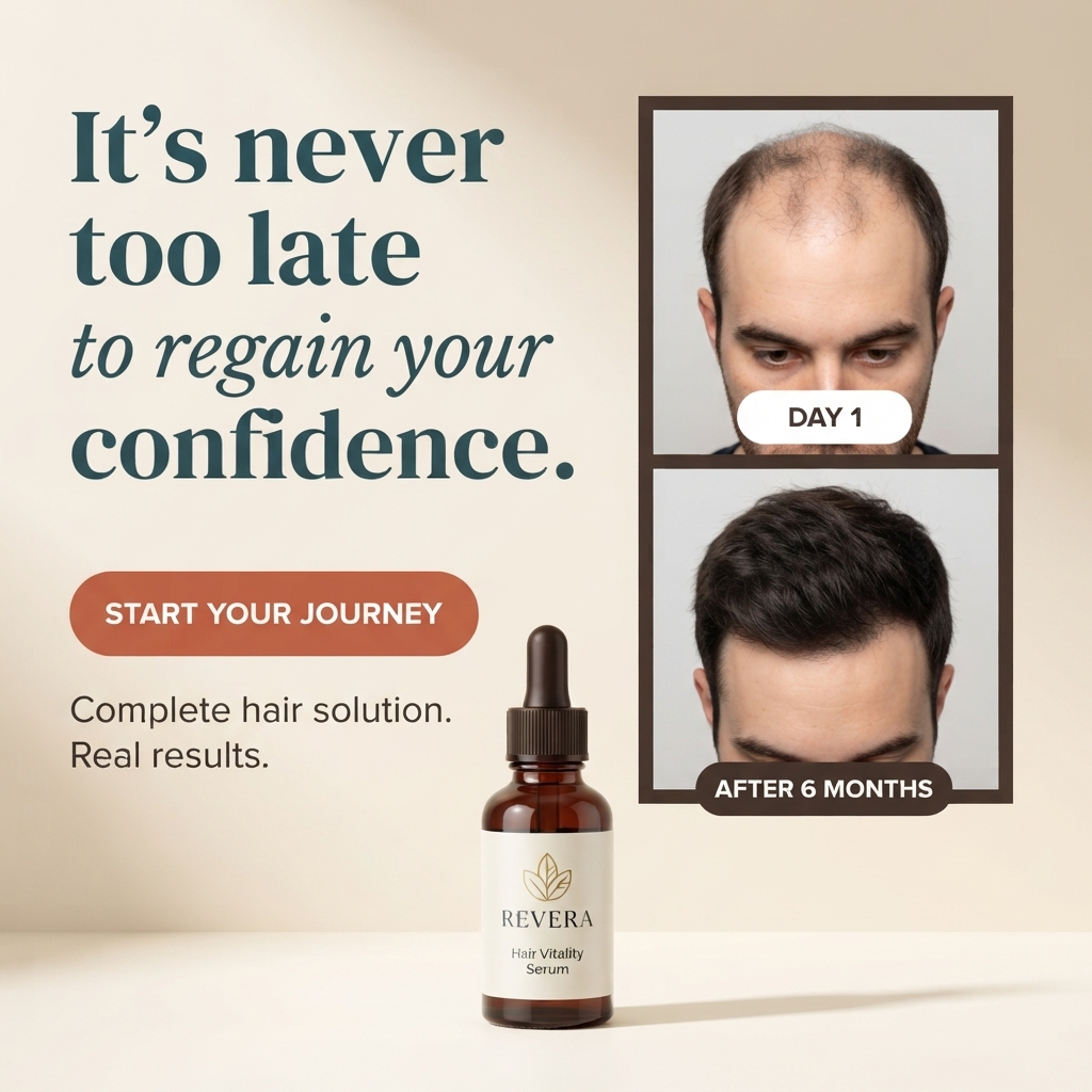 Stacked photos of a man's head, day 1 with severe thinning and after 6 months with full hair, beside an amber serum bottle