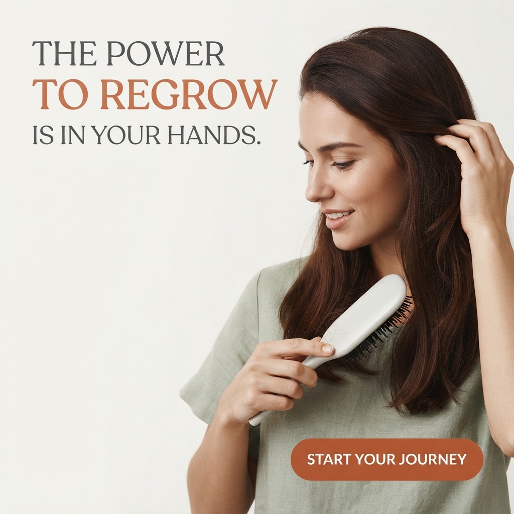 Smiling woman with long glossy brown hair brushing it with a white paddle brush in a sage linen top