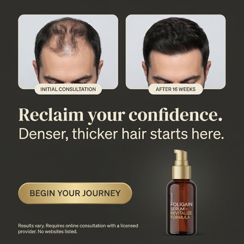 Two top-down head photos showing severe thinning at initial consultation and full hair after 16 weeks beside a serum bottle