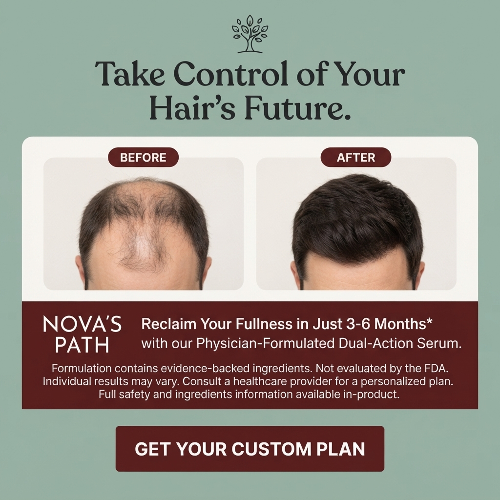 Before and after photos of a man's crown from thinning to full hair inside a white card above a burgundy information band