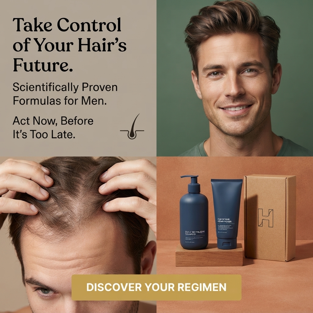 Four panels: headline text, smiling man with thick hair, hands parting a thinning scalp and navy shampoo and conditioner