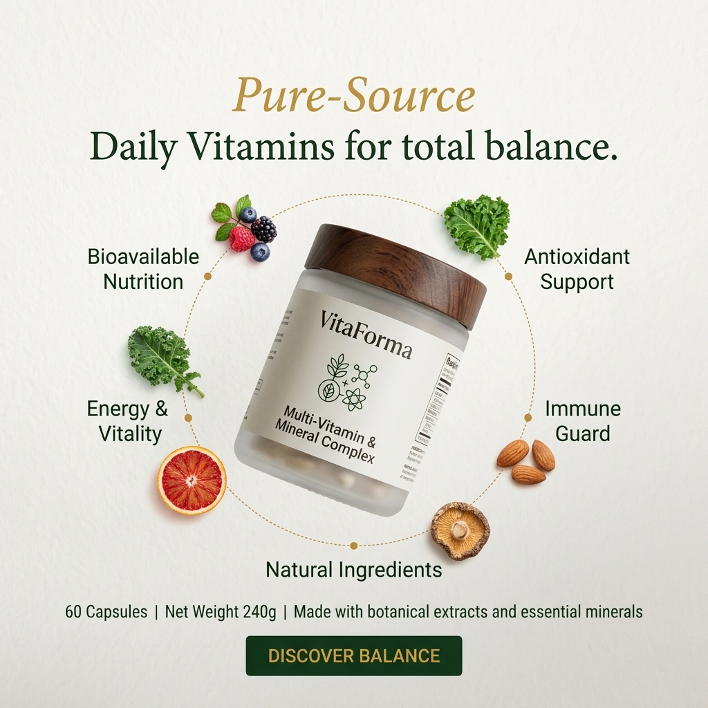 Tilted VitaForma multivitamin jar with wooden lid ringed by five benefit callouts, berries, kale, orange, almonds, mushroom